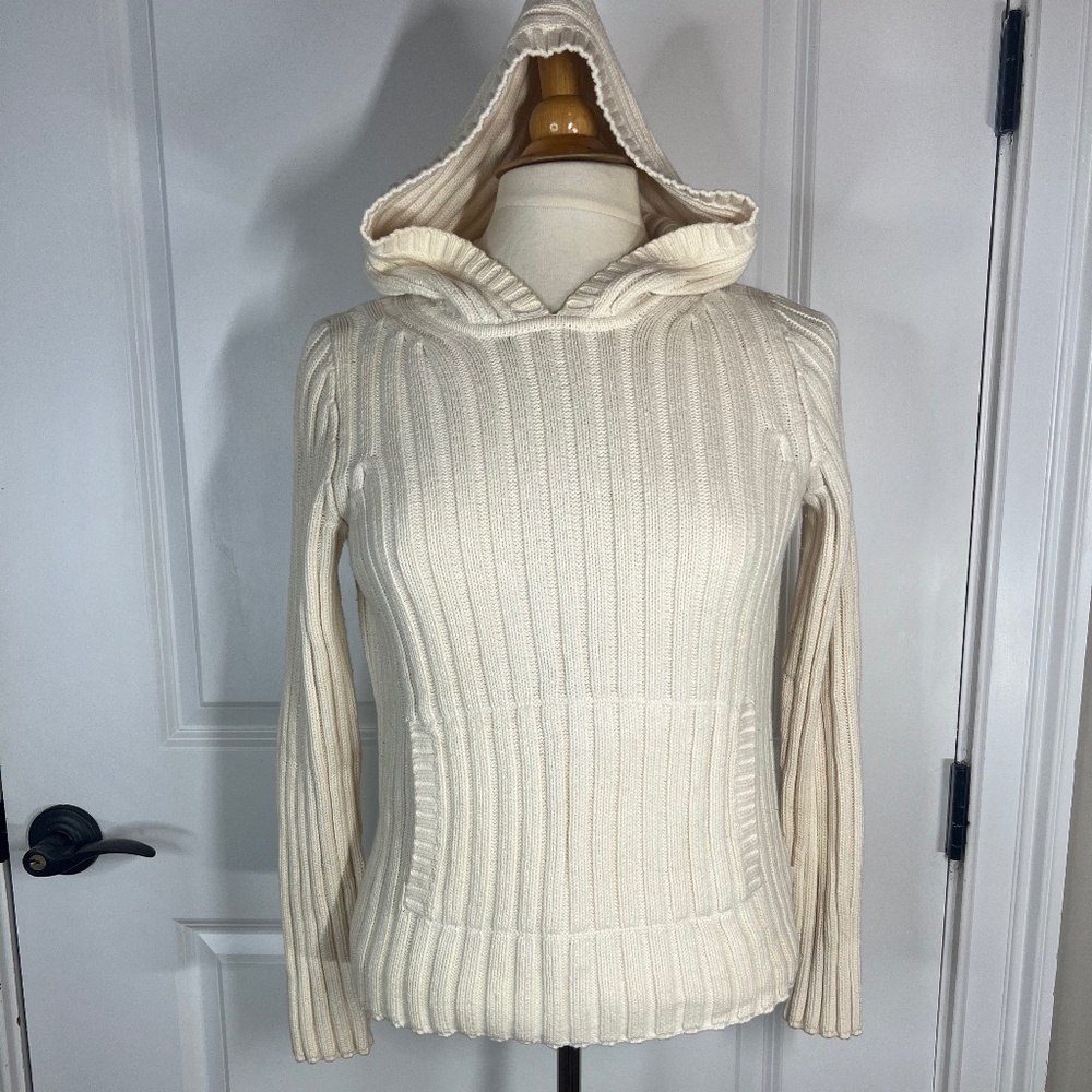 Lauren Ralph Lauren, P/P Hooded Cream Striped Front Pocket Long Sleeve Sweater